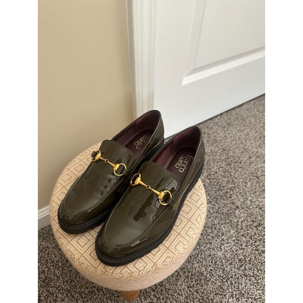 Franco Sarto Cason Olive Green Patent Horsebit Lug Sole Loafers Size 6M